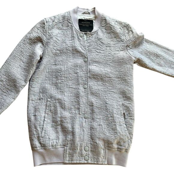 ALL SAINTS PAYTON Bomber Jacket Embossed Gray Snap Sz 2 lightweight Italian - Picture 1 of 11